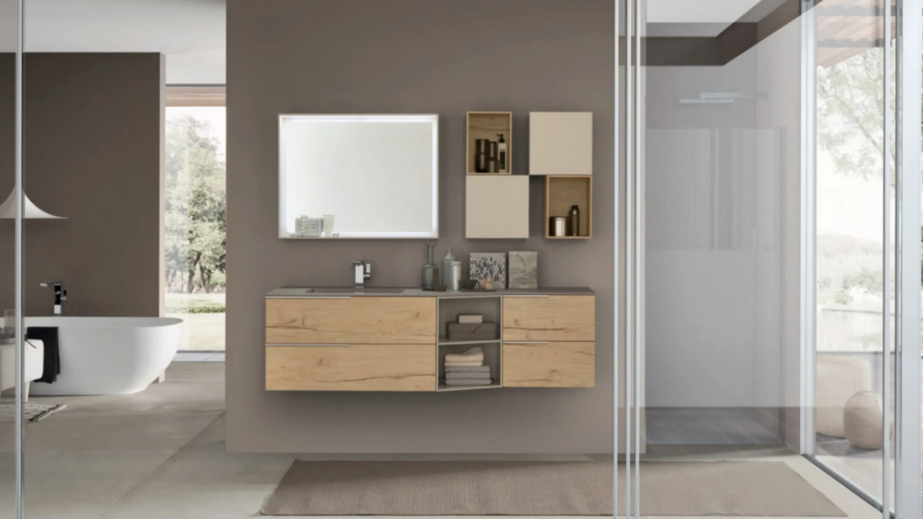 Mobile da Bagno sospeso M1 System C114 in melaminico effetto legno con pensili in laccato opaco di Baxar