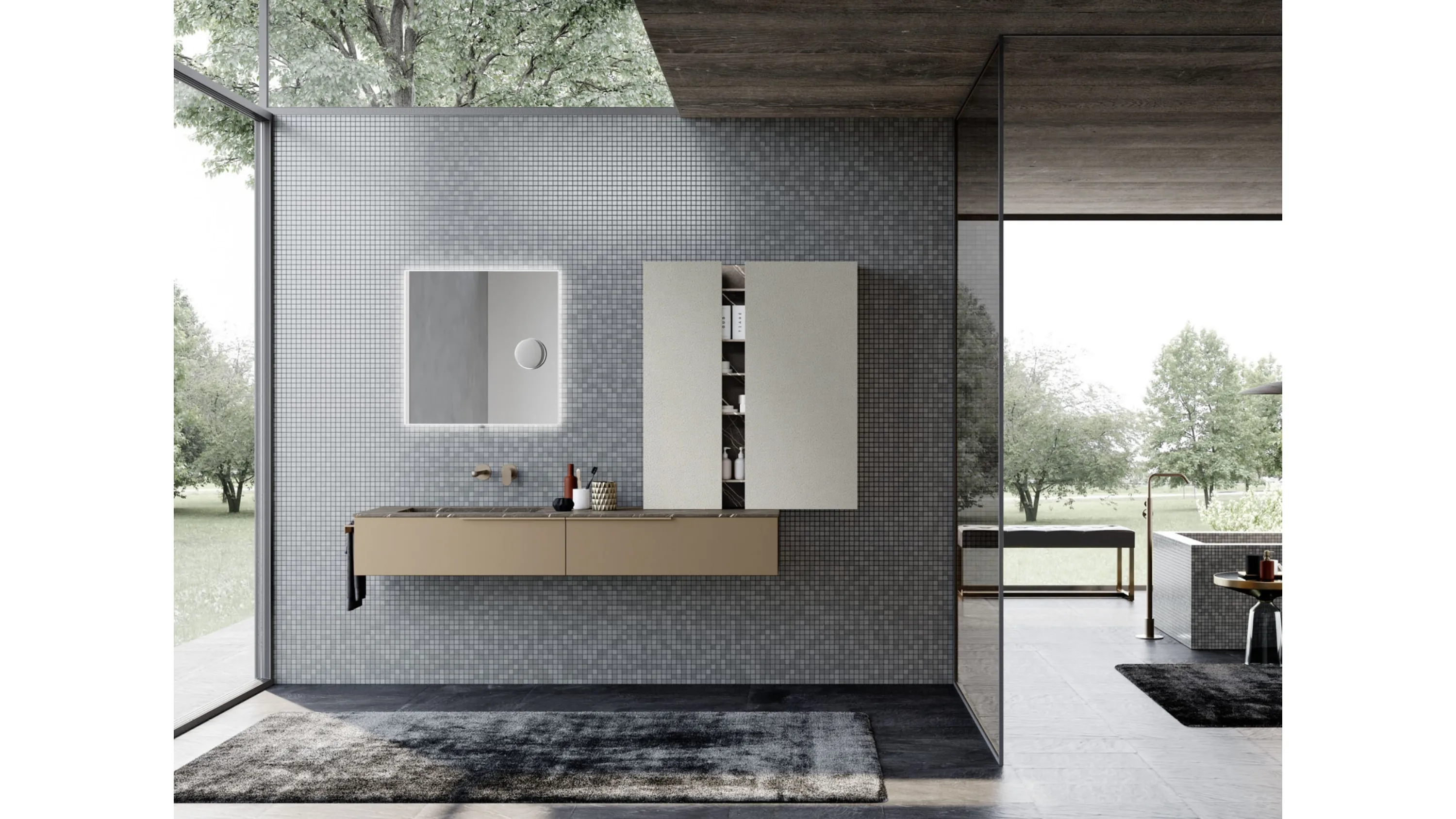 Mobile da Bagno sospeso M1 System 121 in laccato metallizzato e melaminico pelle per i pensili di Baxar