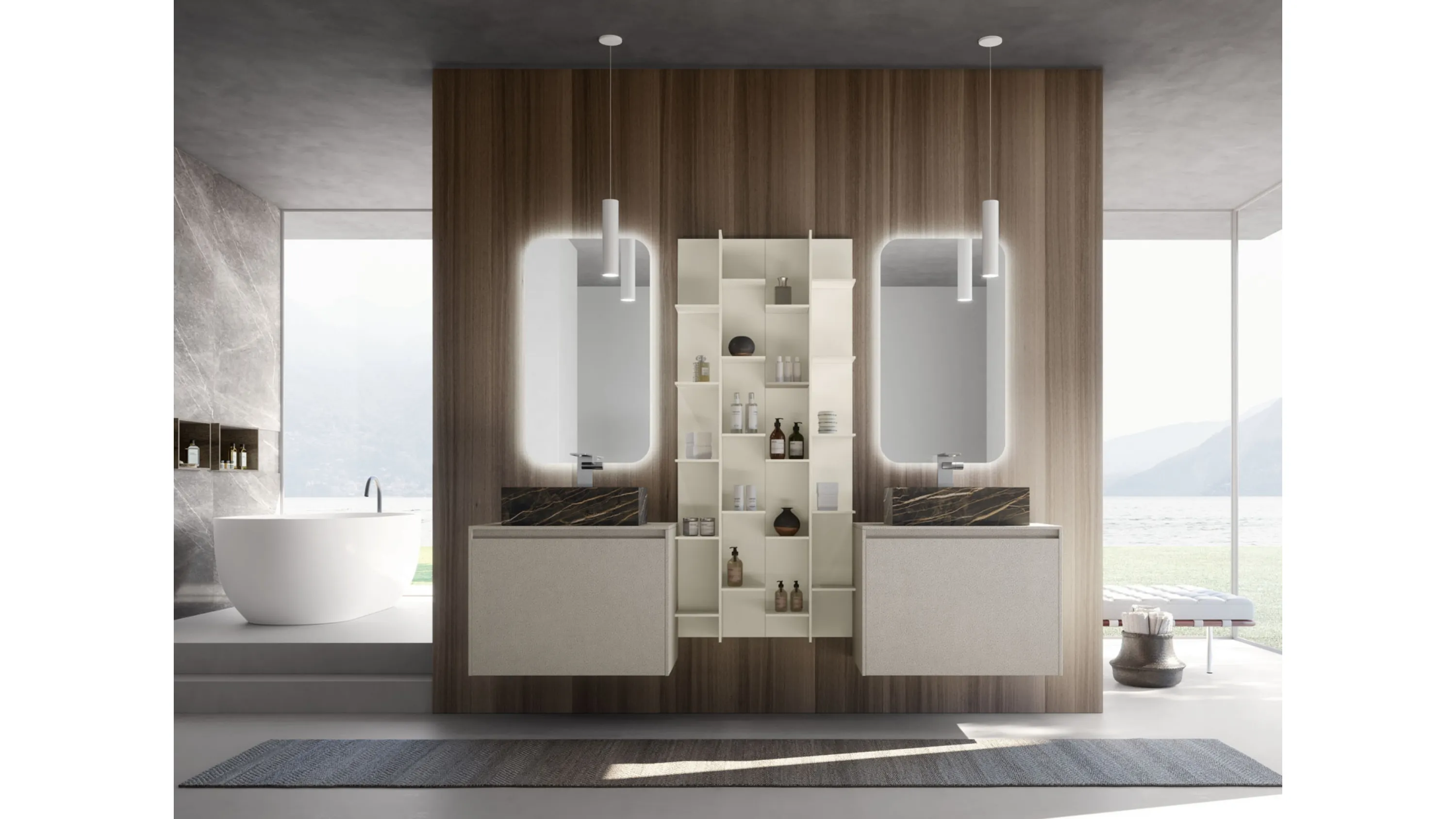 Mobile da Bagno sospeso M2 System 225 in laccato opaco Platino con lavabo in gres effetto marmo di Baxar