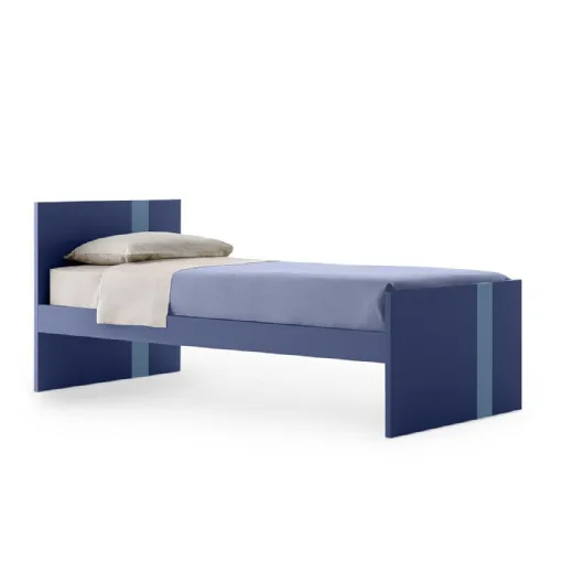 Letto singolo Lila in melaminico Blu con striscia Azzurra sulla testiera e sulla pediera di Nidi